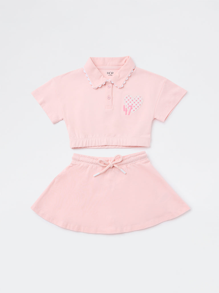 HOP Kids Girls Pink Cotton High-Rise T-Shirt and Skirt Set