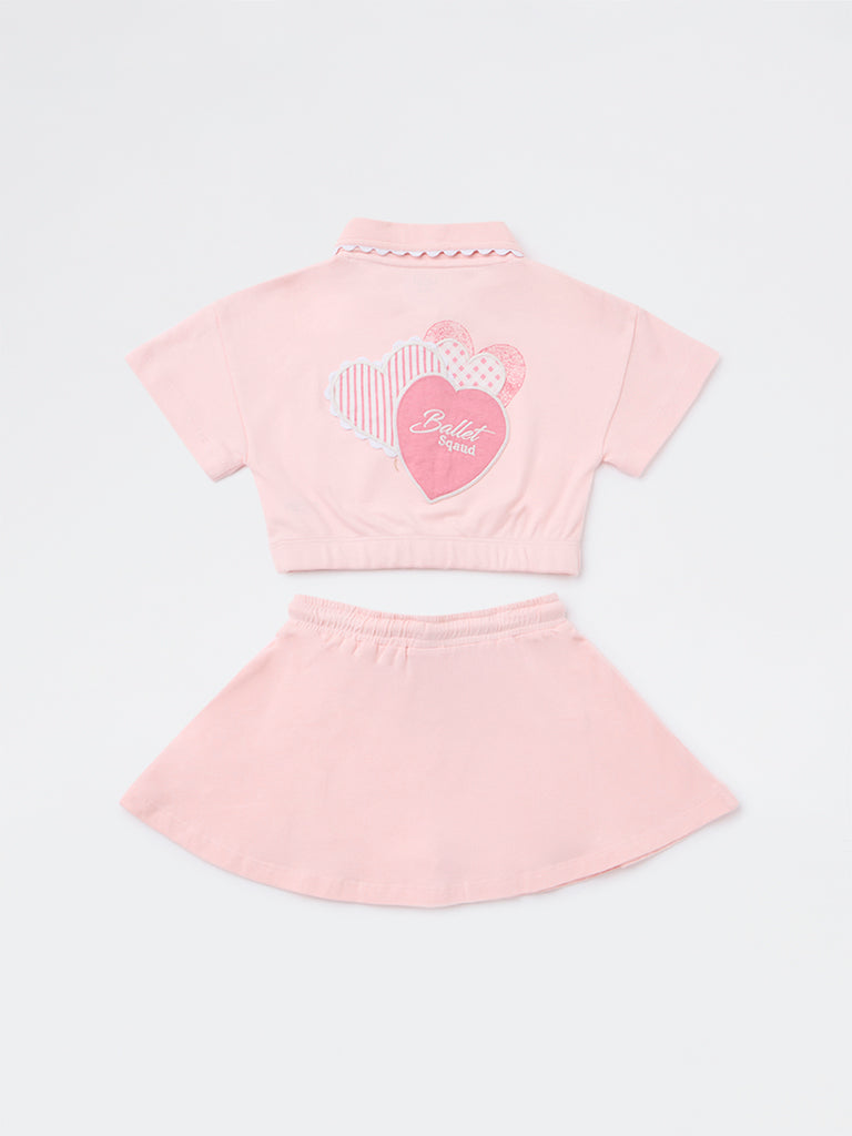 HOP Kids Girls Pink Cotton High-Rise T-Shirt and Skirt Set
