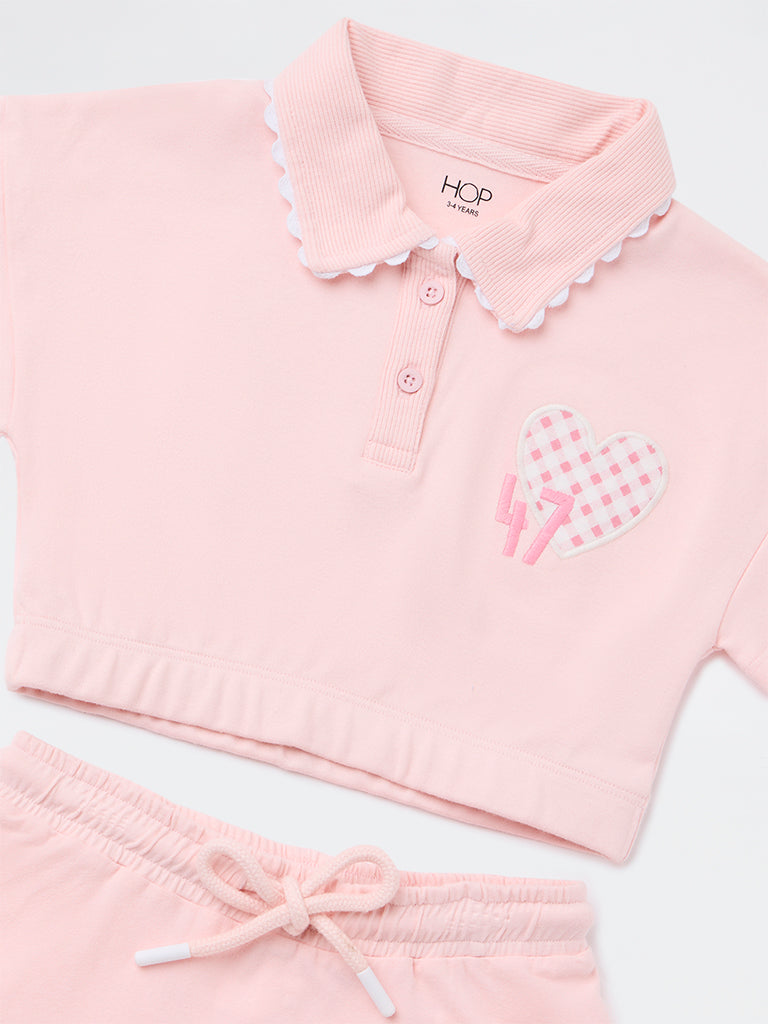 HOP Kids Girls Pink Cotton High-Rise T-Shirt and Skirt Set