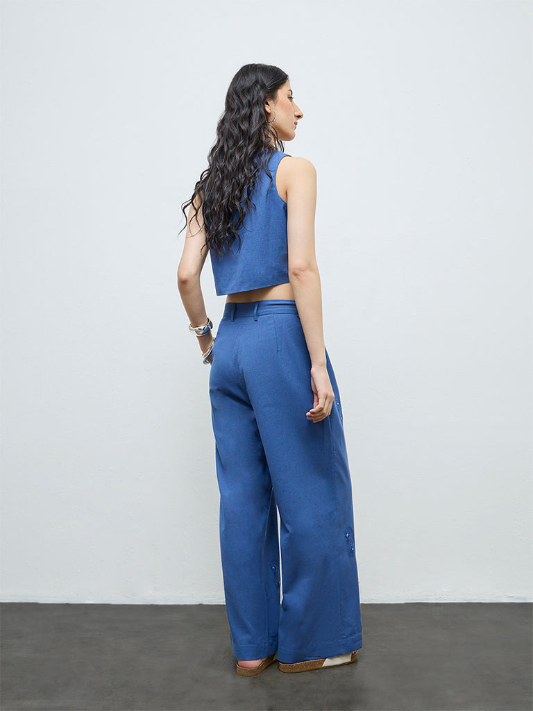 Bombay Paisley Blue Embroidered Cotton-Blend Palazzos