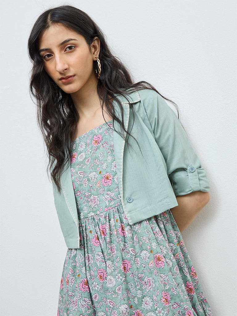 Bombay Paisley Mint Floral Cotton Tiered Dress with Jacket