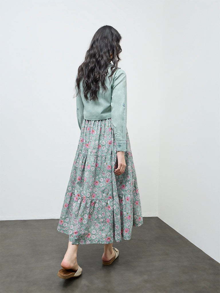 Bombay Paisley Mint Floral Cotton Tiered Dress with Jacket