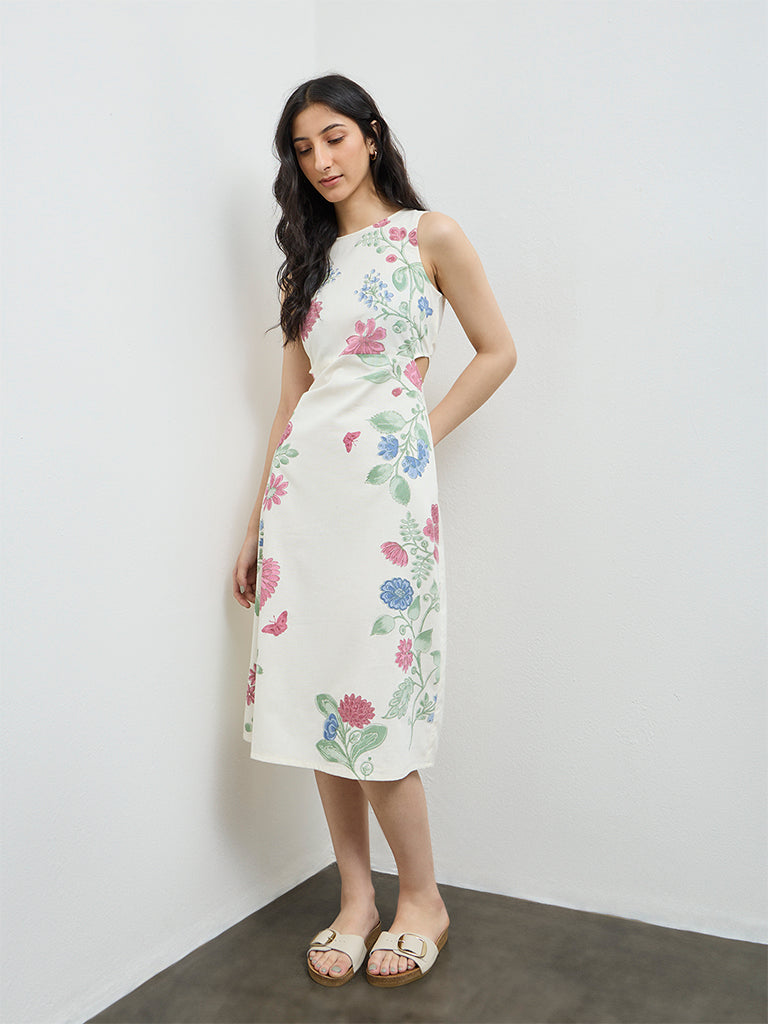 Bombay Paisley Off-White Floral Cotton-Blend A-Line Dress