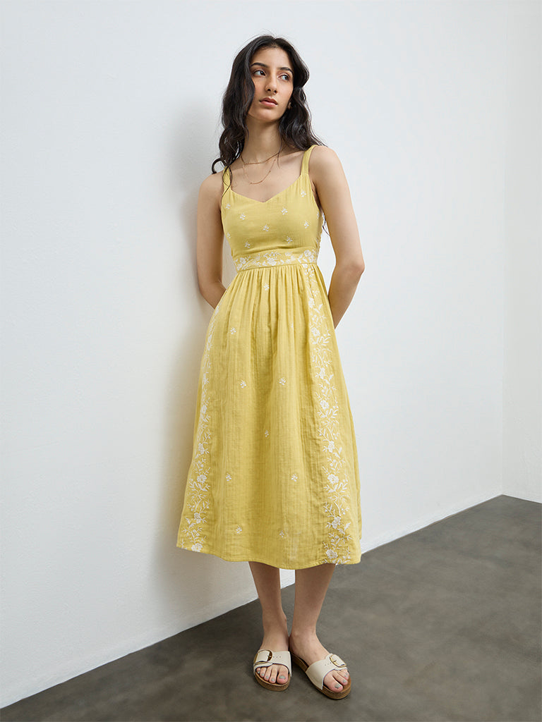 Bombay Paisley Yellow Floral Embroidered Cotton A-Line Dress