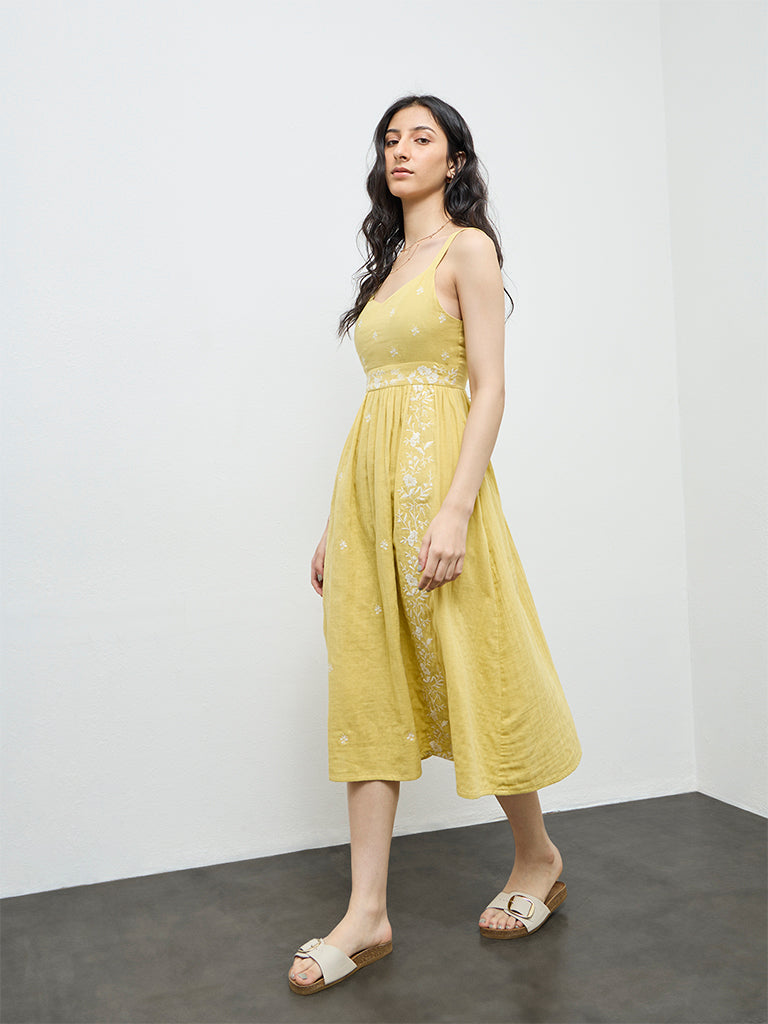 Bombay Paisley Yellow Floral Embroidered Cotton A-Line Dress