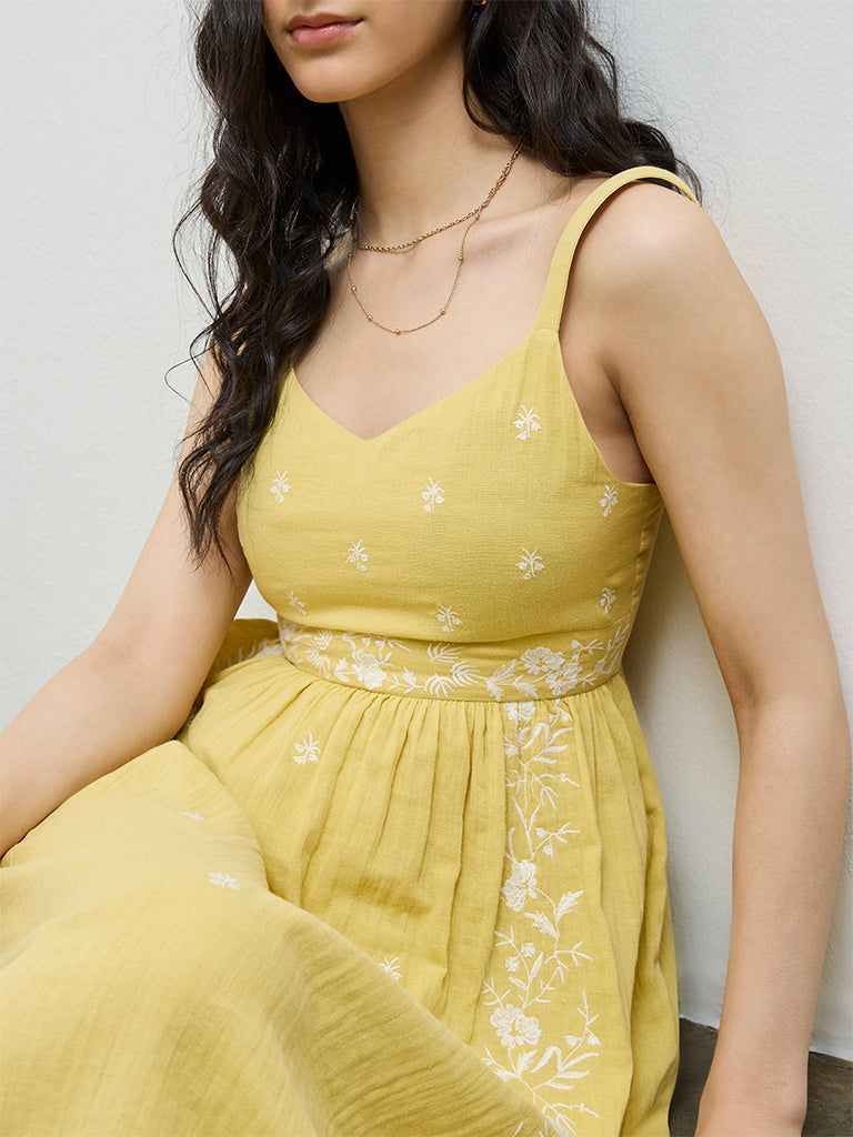 Bombay Paisley Yellow Floral Embroidered Cotton A-Line Dress