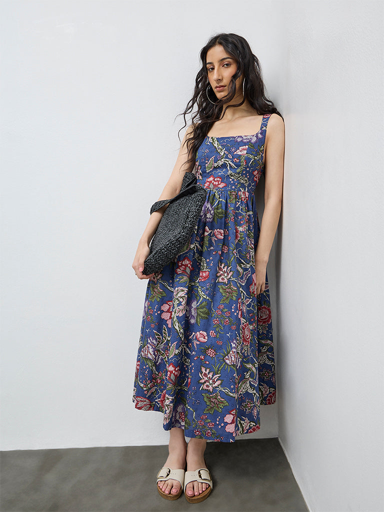 Bombay Paisley Blue Floral Cotton A-Line Dress