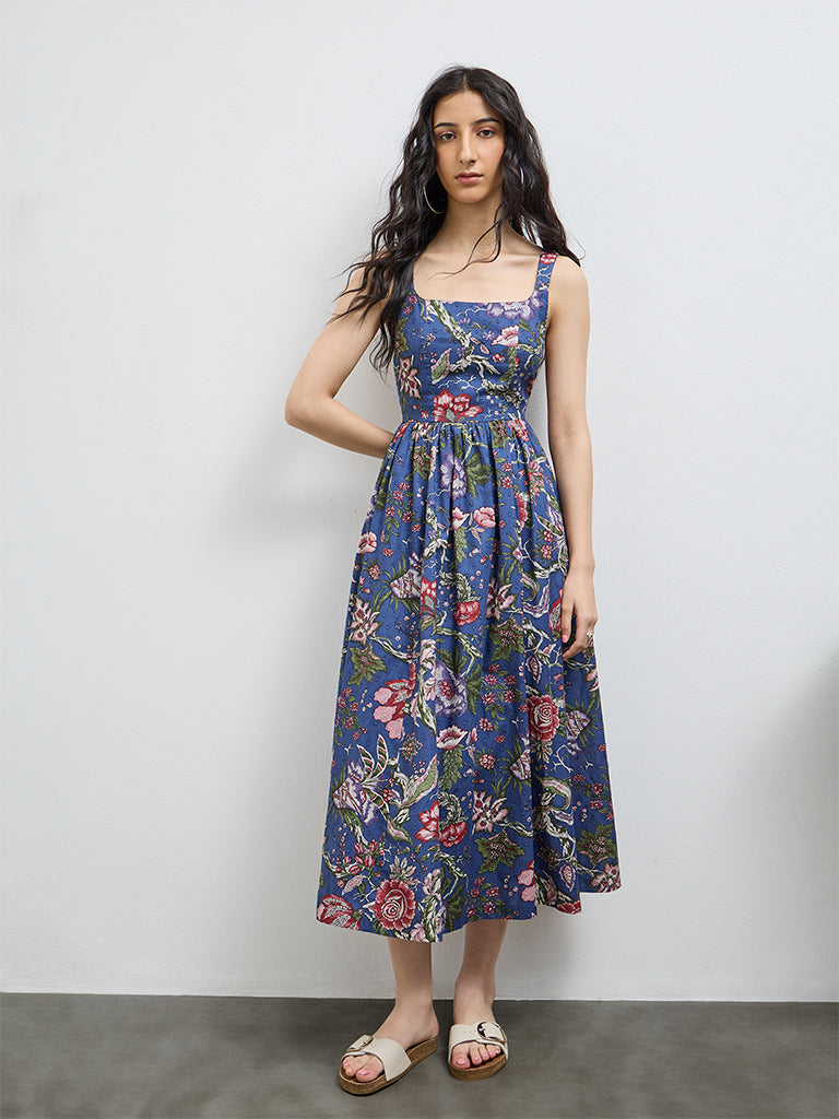 Bombay Paisley Blue Floral Cotton A-Line Dress