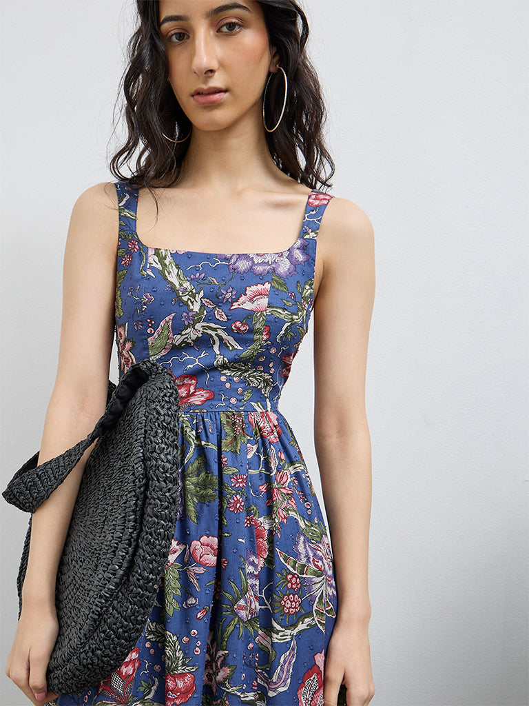 Bombay Paisley Blue Floral Cotton A-Line Dress