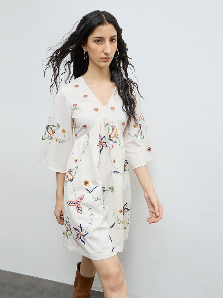 Bombay Paisley Off-White Cotton-Blend A-Line Dress