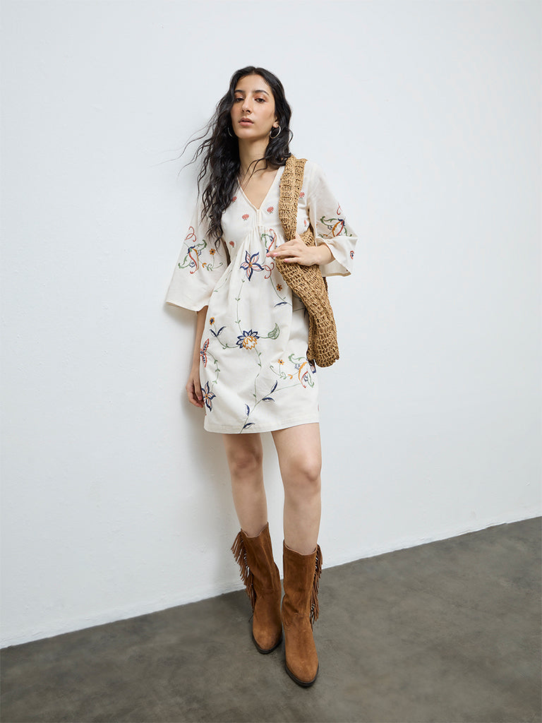 Bombay Paisley Off-White Cotton-Blend A-Line Dress