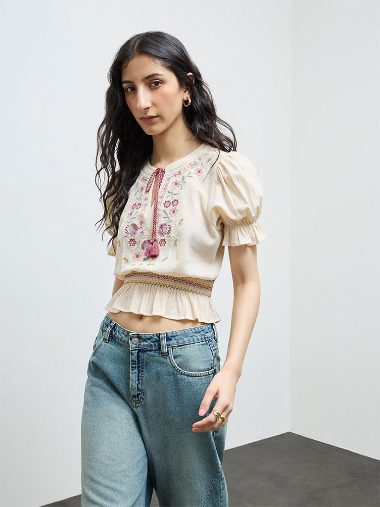Bombay Paisley Off-White Floral Embroidered Smocked Cotton Top