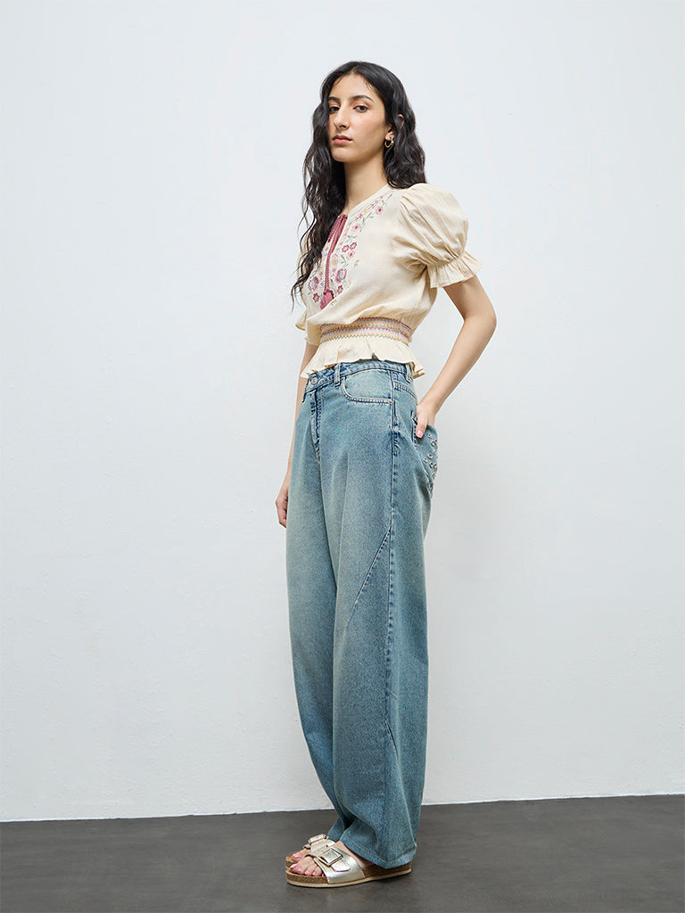 Bombay Paisley Off-White Floral Embroidered Smocked Cotton Top