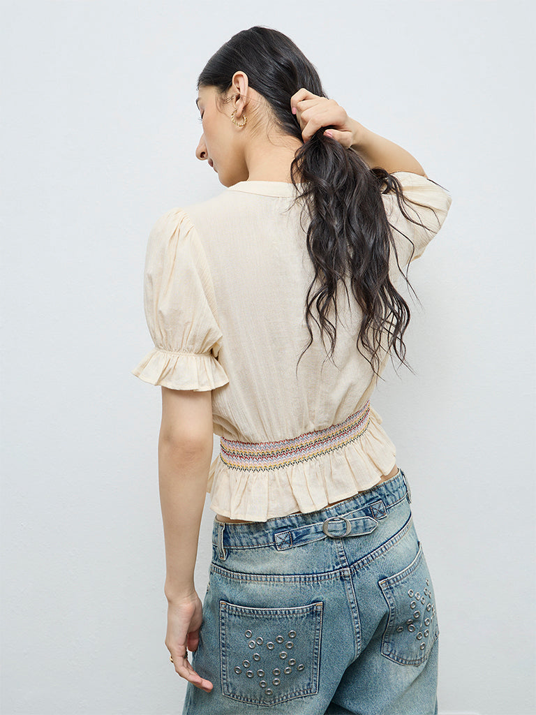 Bombay Paisley Off-White Floral Embroidered Smocked Cotton Top