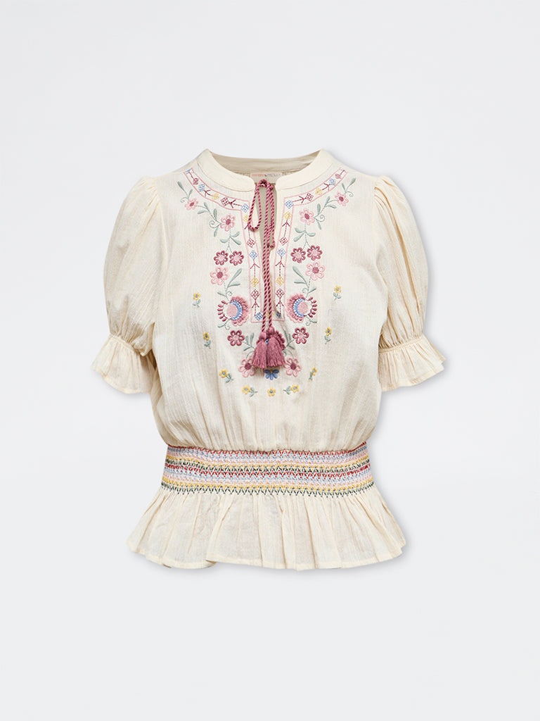 Bombay Paisley Off-White Floral Embroidered Smocked Cotton Top