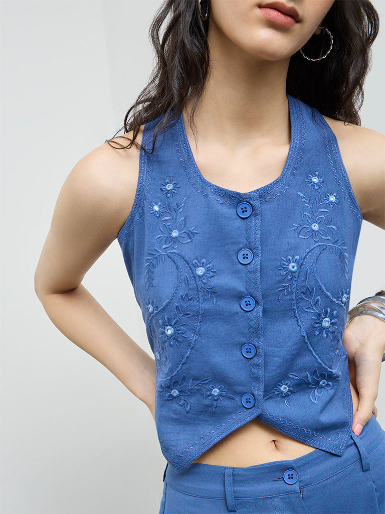 Bombay Paisley Blue Embroidered Cotton-Blend Waistcoat Top