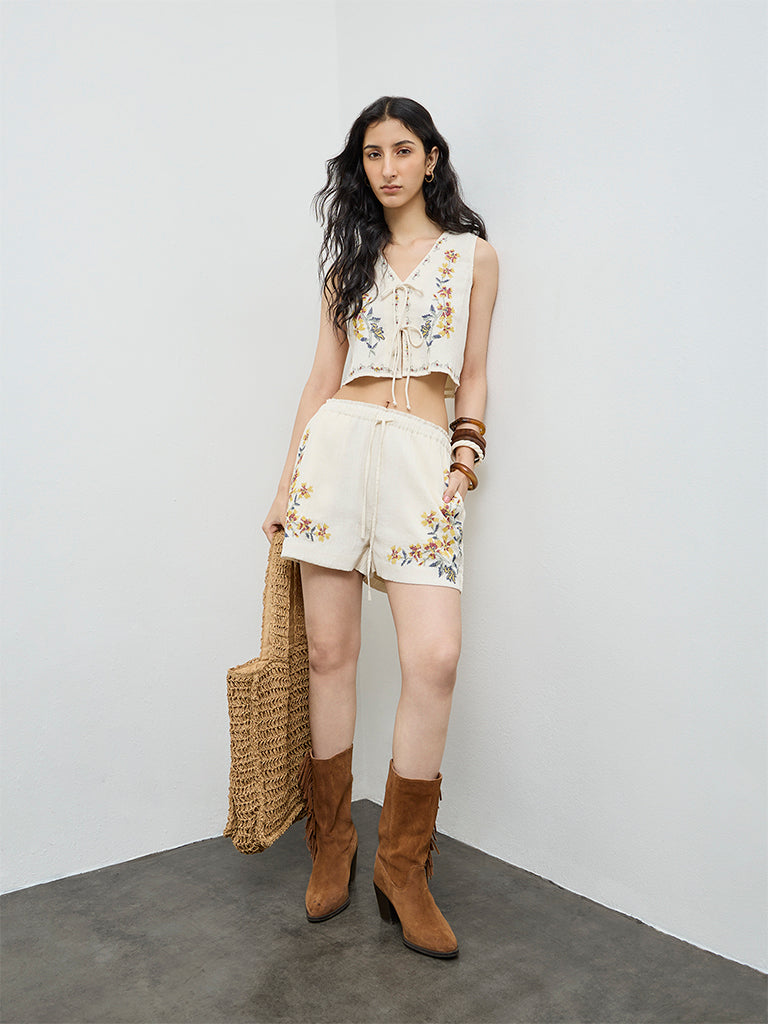 Bombay Paisley Off-White Floral Embroidered Cotton Top