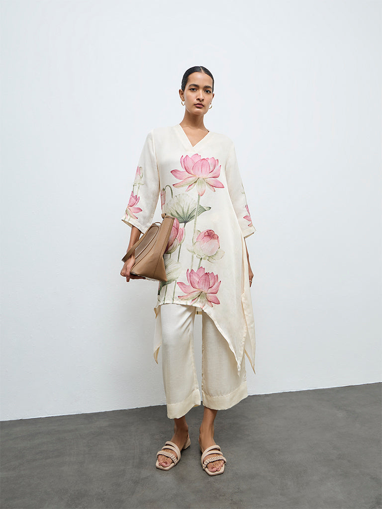 Zuba Off-White Floral Printed A-Line Kurta