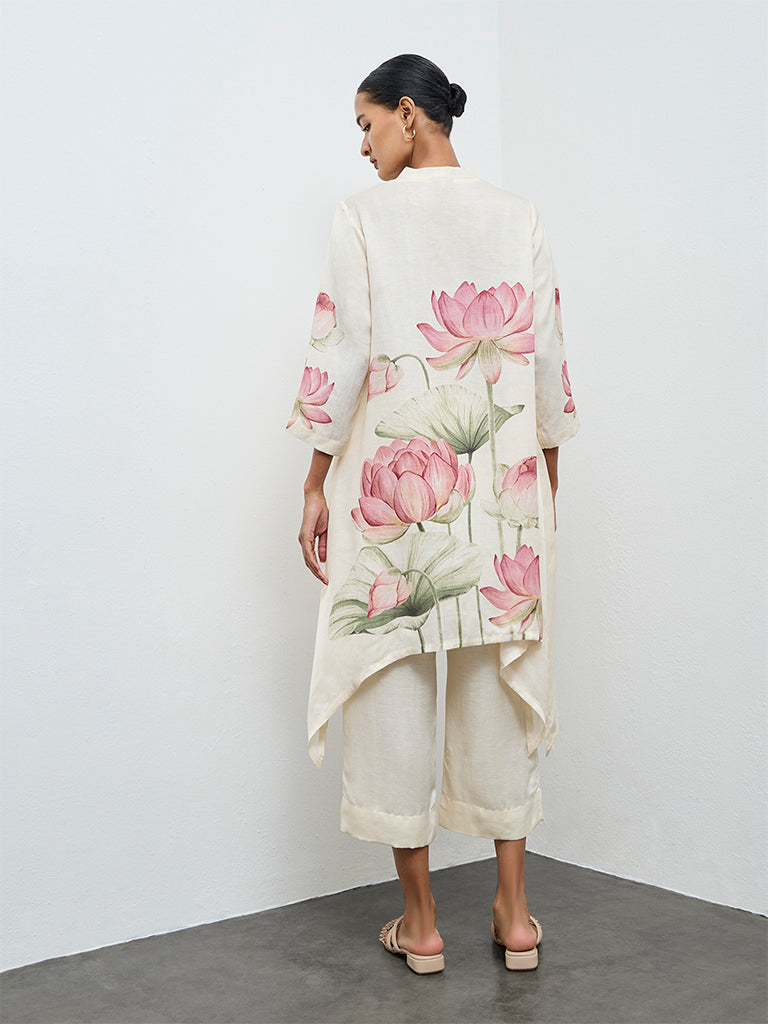 Zuba Off-White Floral Printed A-Line Kurta