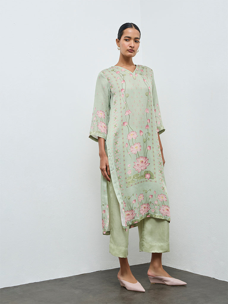 Zuba Green Floral Printed A-Line Kurta