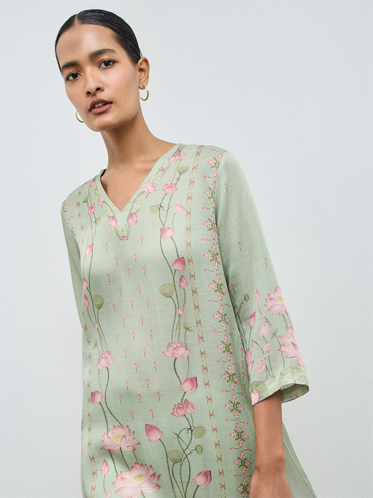 Zuba Green Floral Printed A-Line Kurta