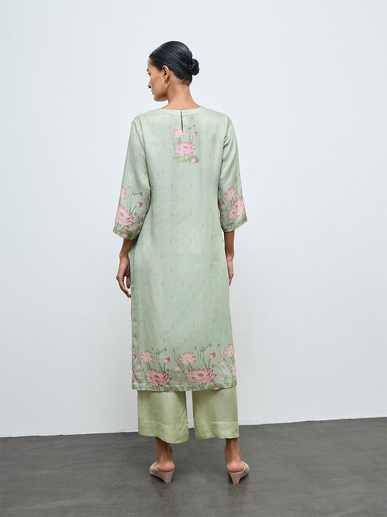 Zuba Green Floral Printed A-Line Kurta