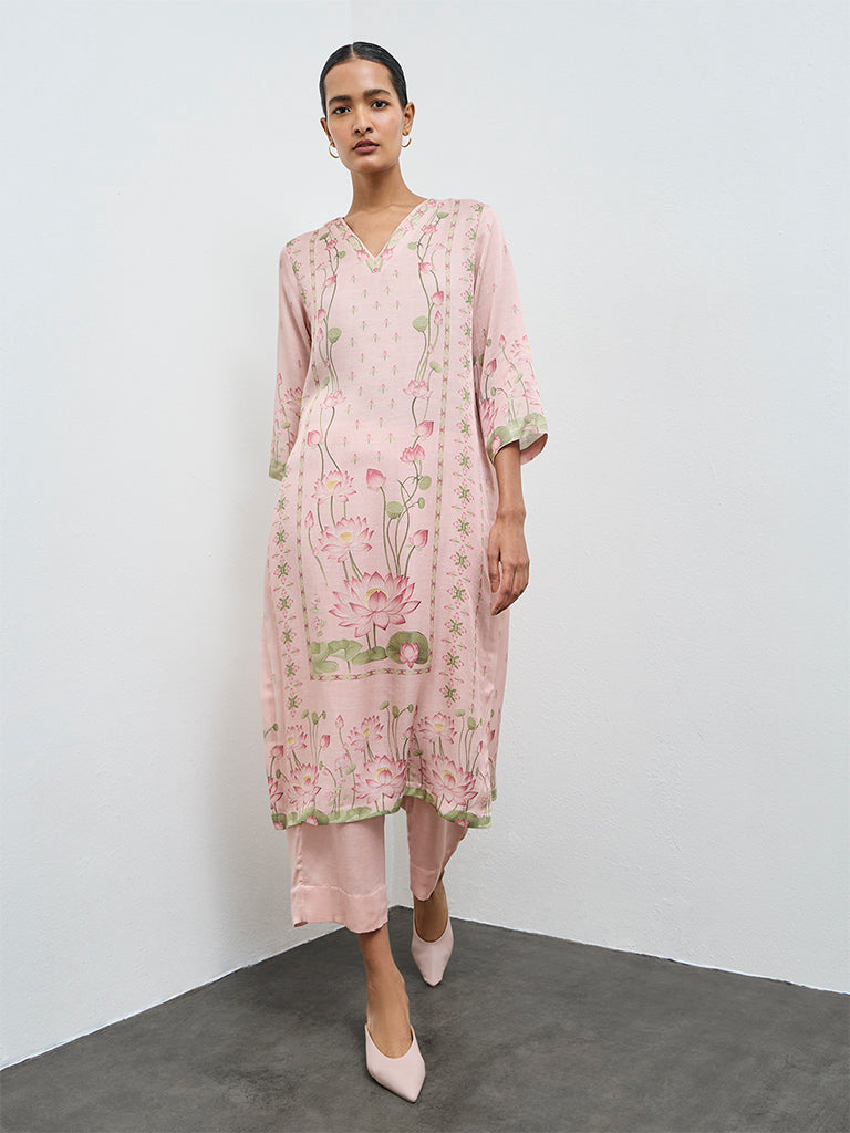 Zuba Pink Floral Pattern A-Line Kurta