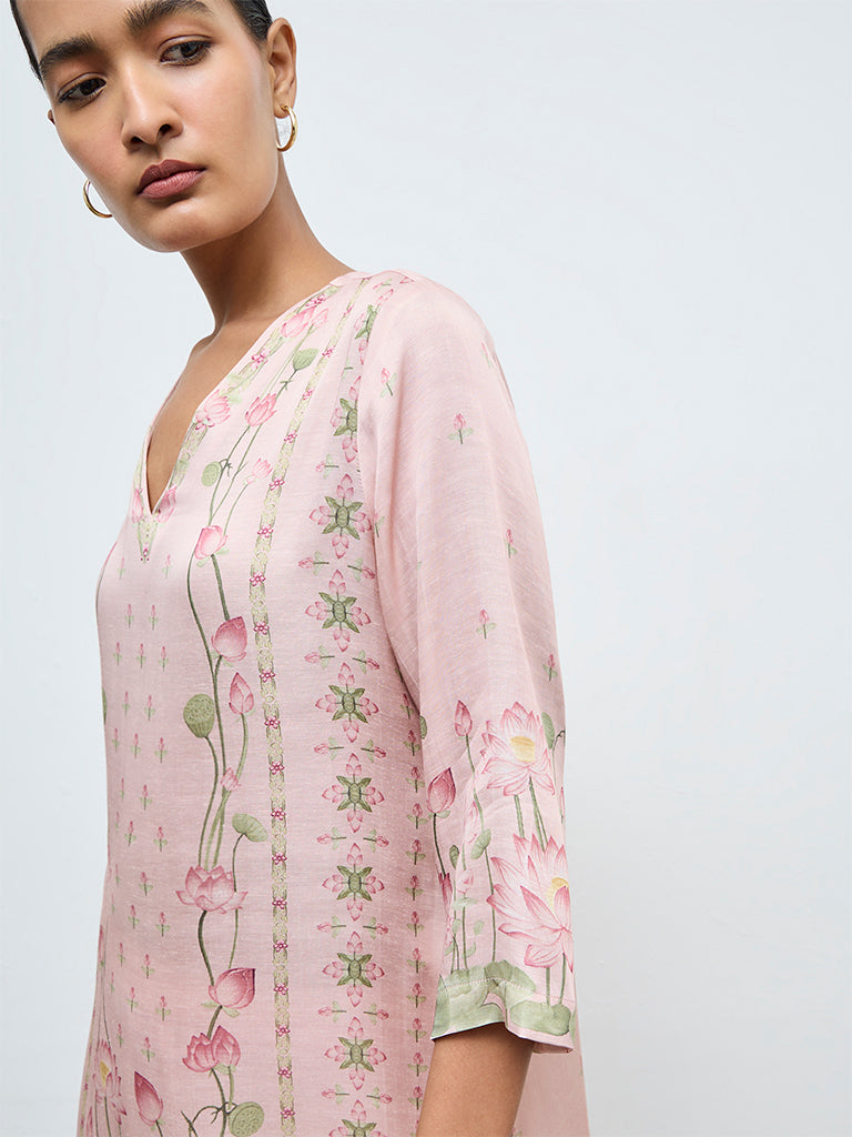 Zuba Pink Floral Pattern A-Line Kurta