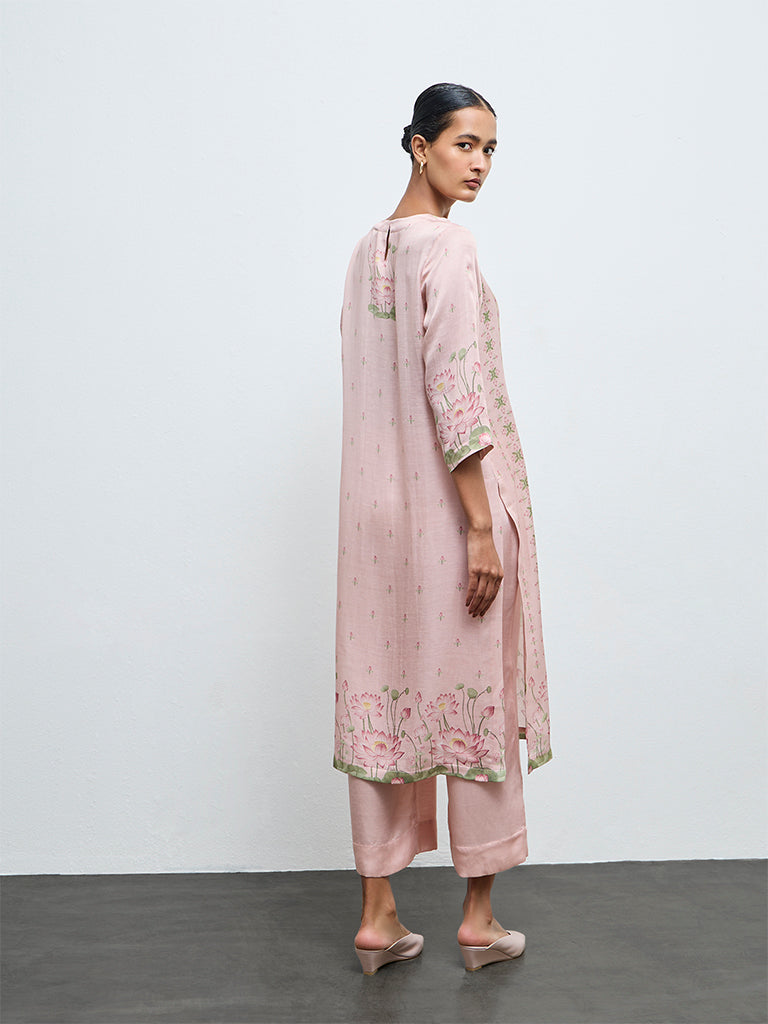 Zuba Pink Floral Pattern A-Line Kurta