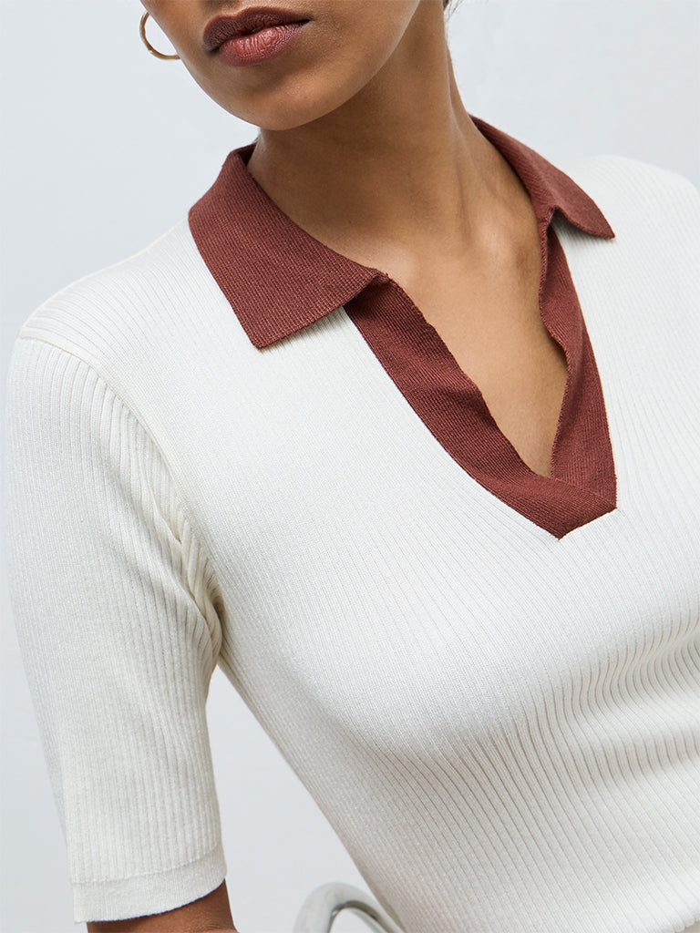 Wardrobe White Ribbed-Textured T-Shirt