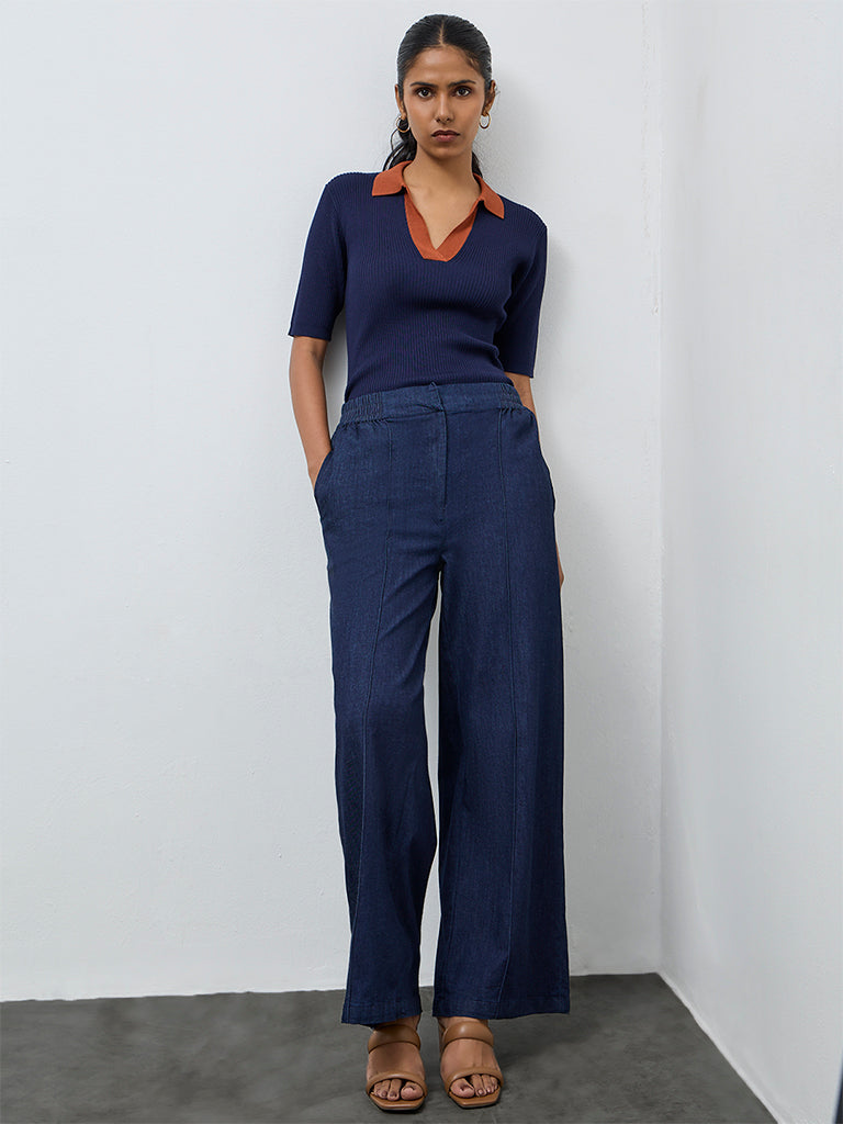 Wardrobe Navy Ribbed-Textured T-Shirt