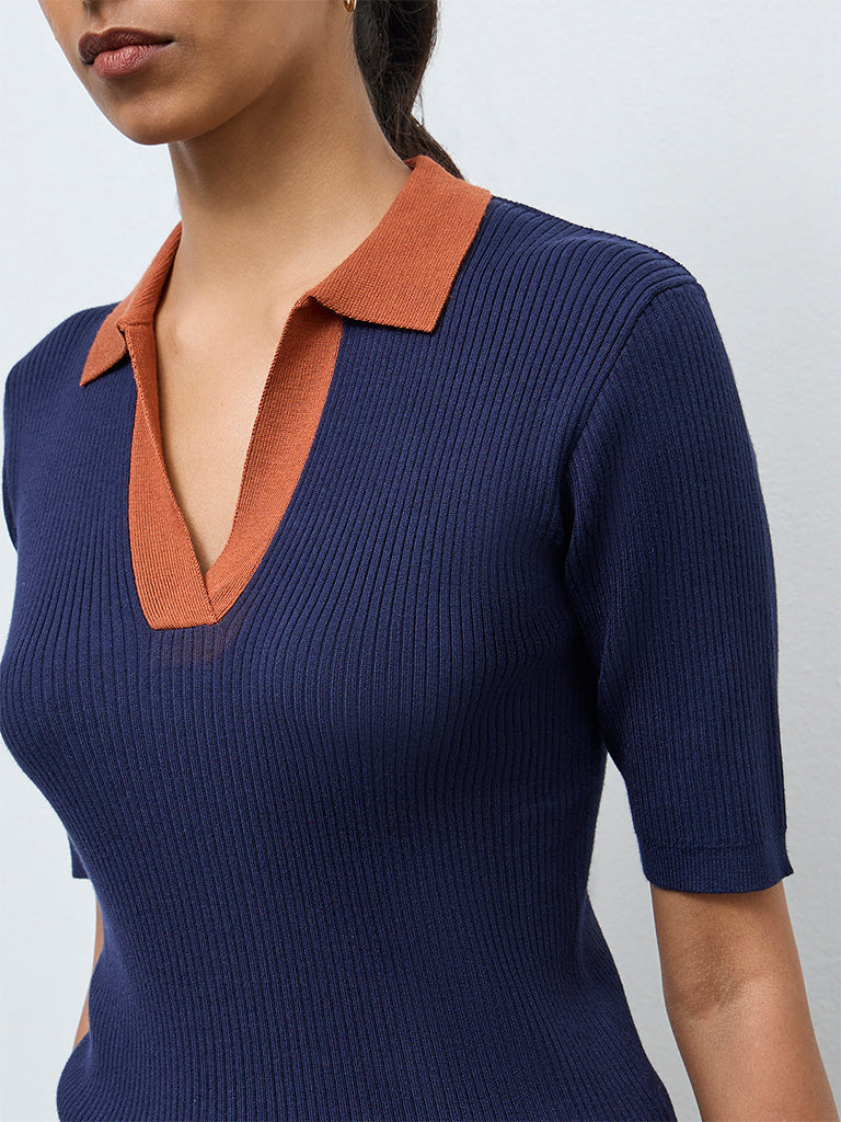 Wardrobe Navy Ribbed-Textured T-Shirt