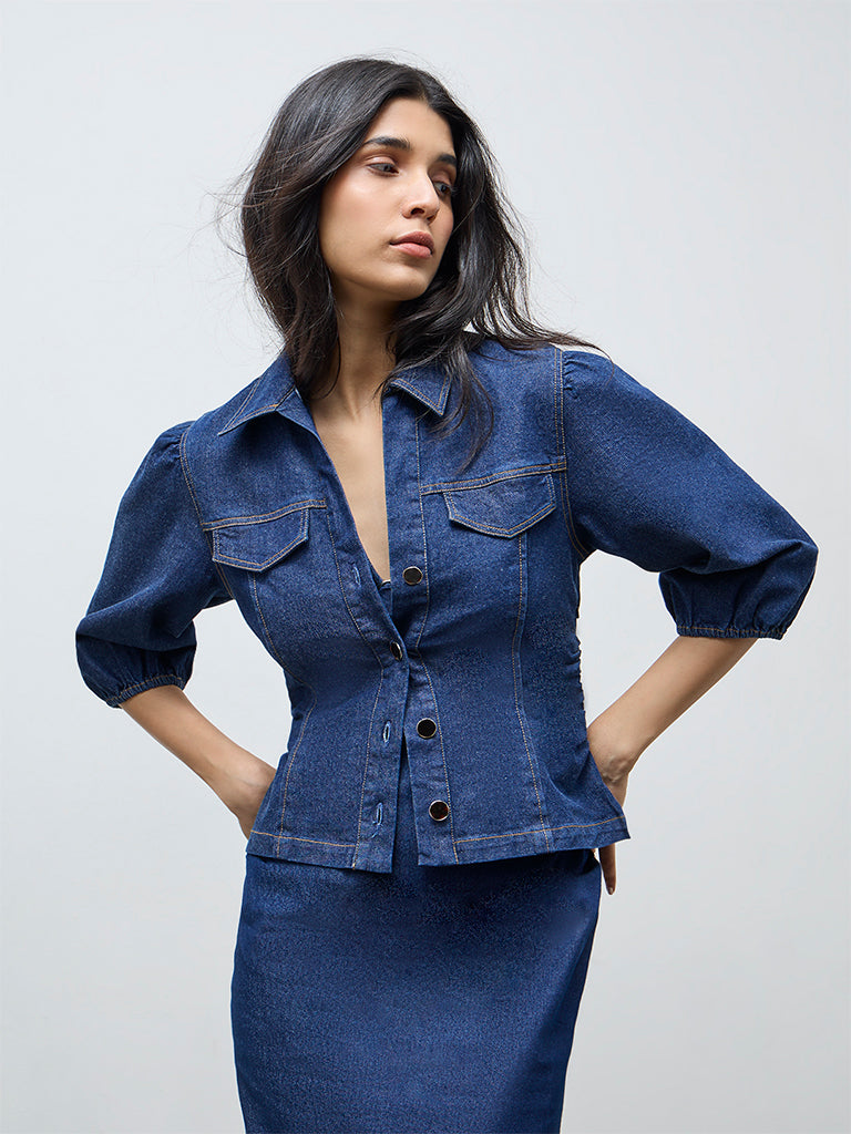 LOV Dark Blue Solid Denim Blouse