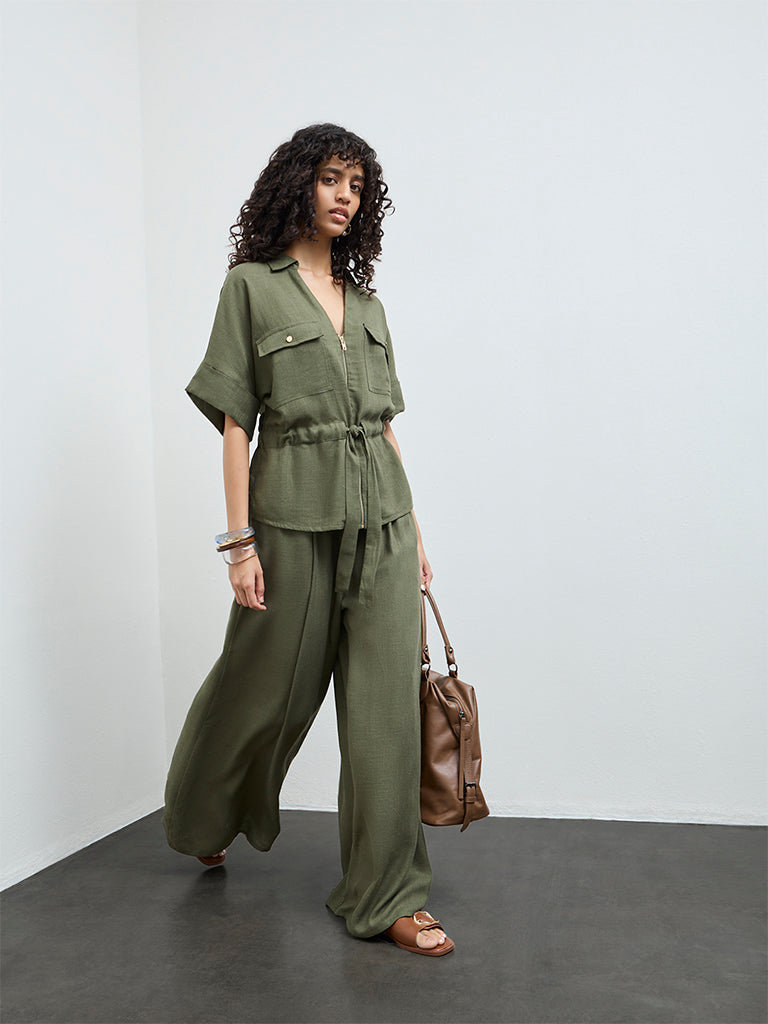 LOV Olive Solid Cotton-Blend Blouse