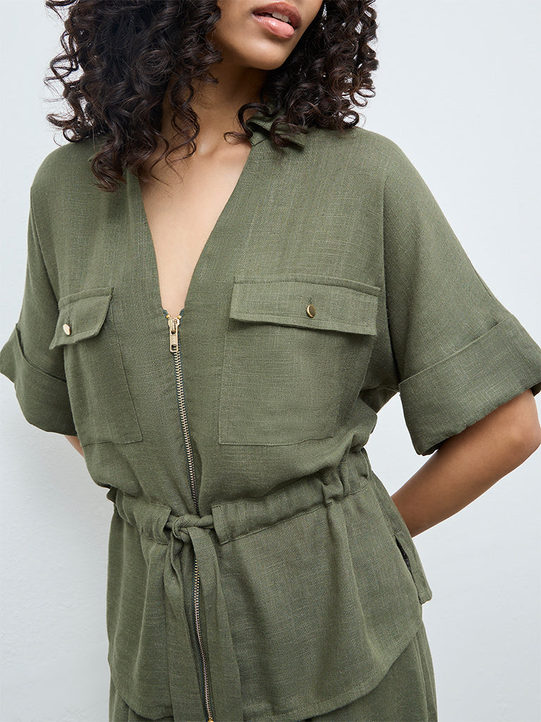 LOV Olive Solid Cotton-Blend Blouse