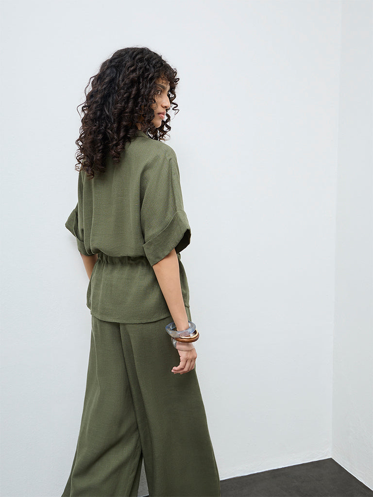 LOV Olive Solid Cotton-Blend Blouse