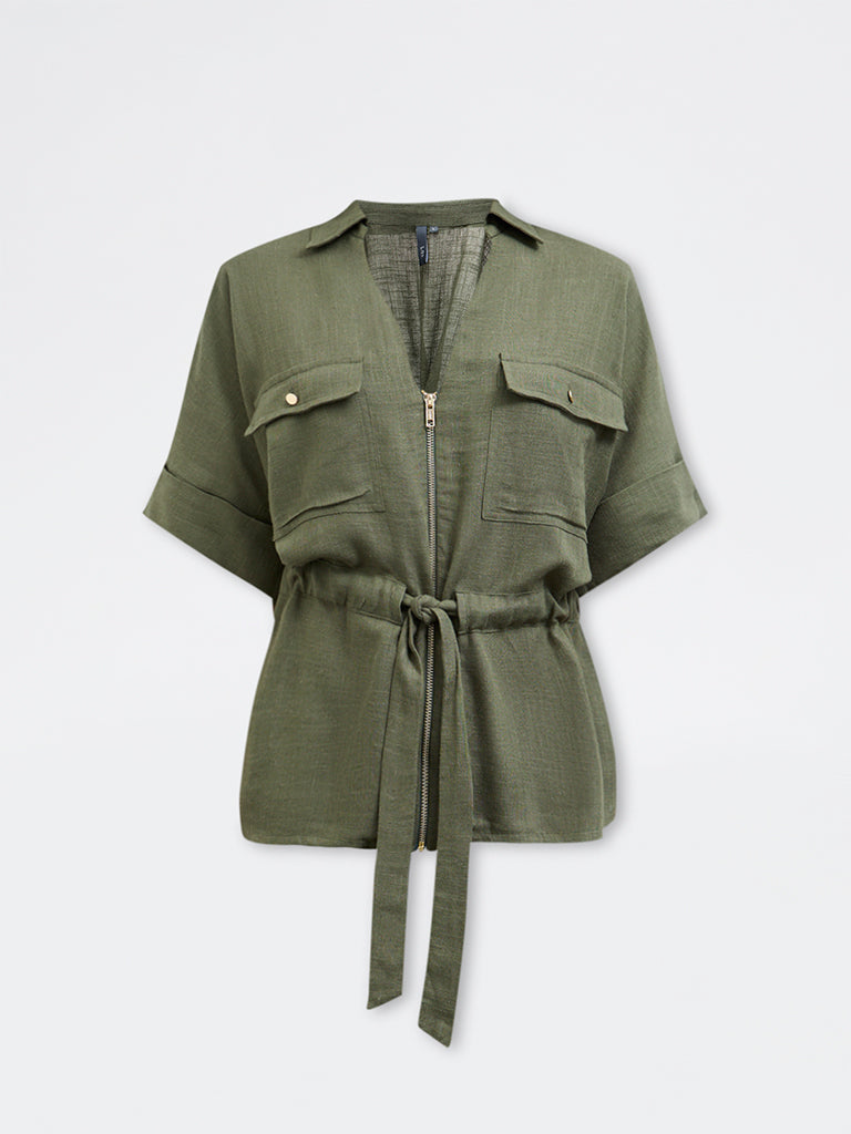 LOV Olive Solid Cotton-Blend Blouse