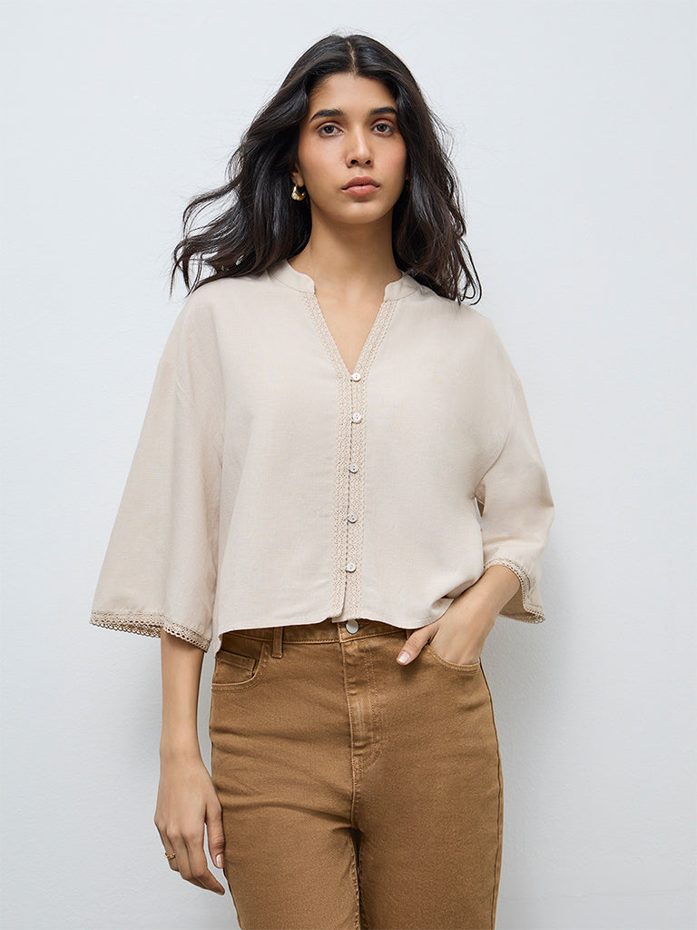 LOV Beige Lace Detailed Cotton-Linen Blend Blouse