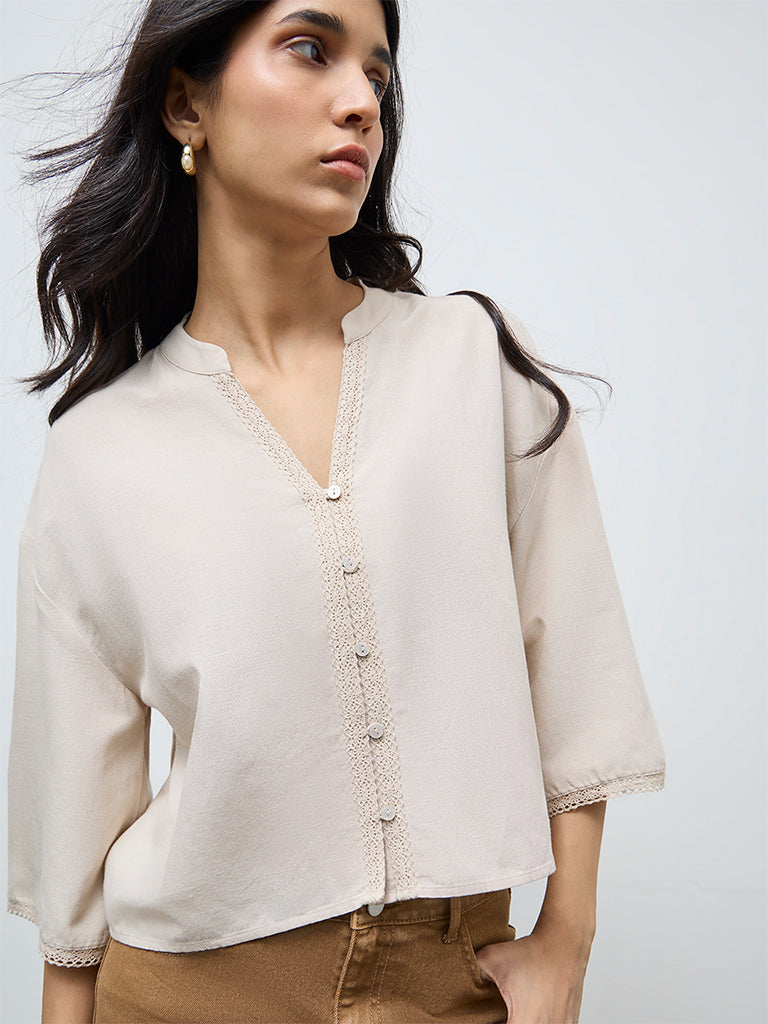 LOV Beige Lace Detailed Cotton-Linen Blend Blouse