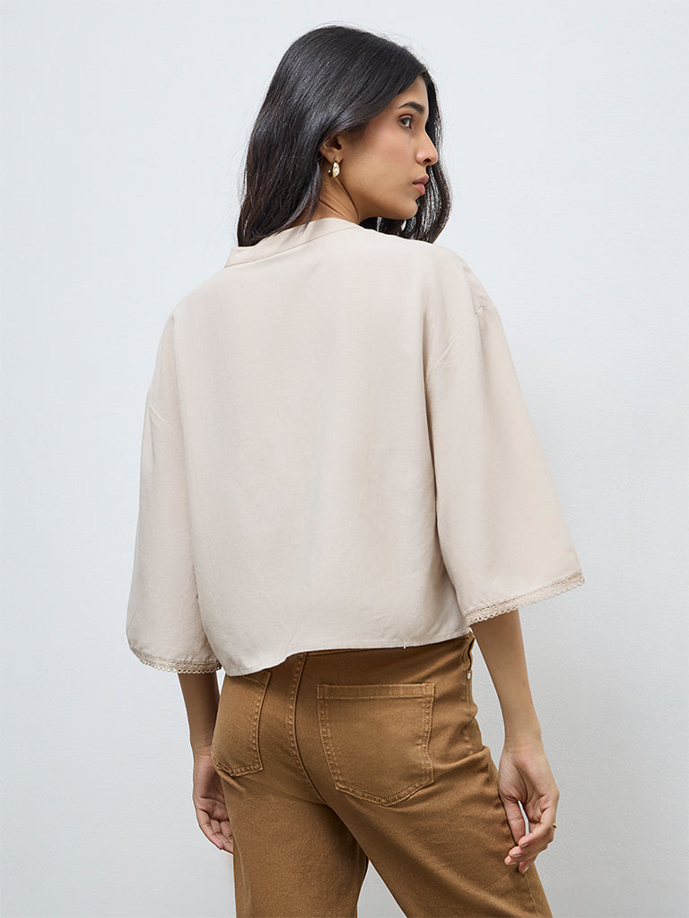 LOV Beige Lace Detailed Cotton-Linen Blend Blouse