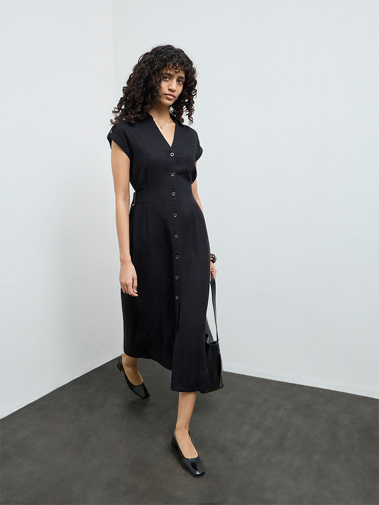 LOV Black Solid Linen-Blend Shirt Dress