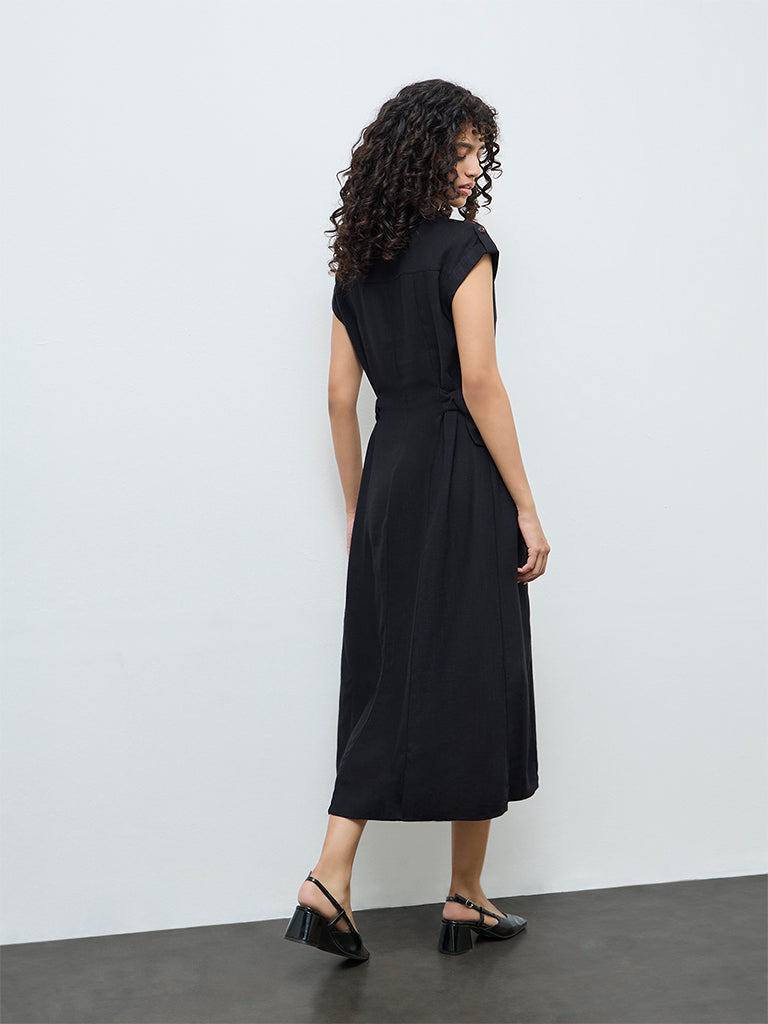 LOV Black Solid Linen-Blend Shirt Dress