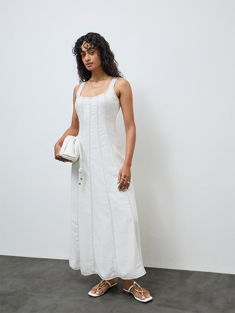 LOV Off-White Striped Linen-Blend A-Line Dress