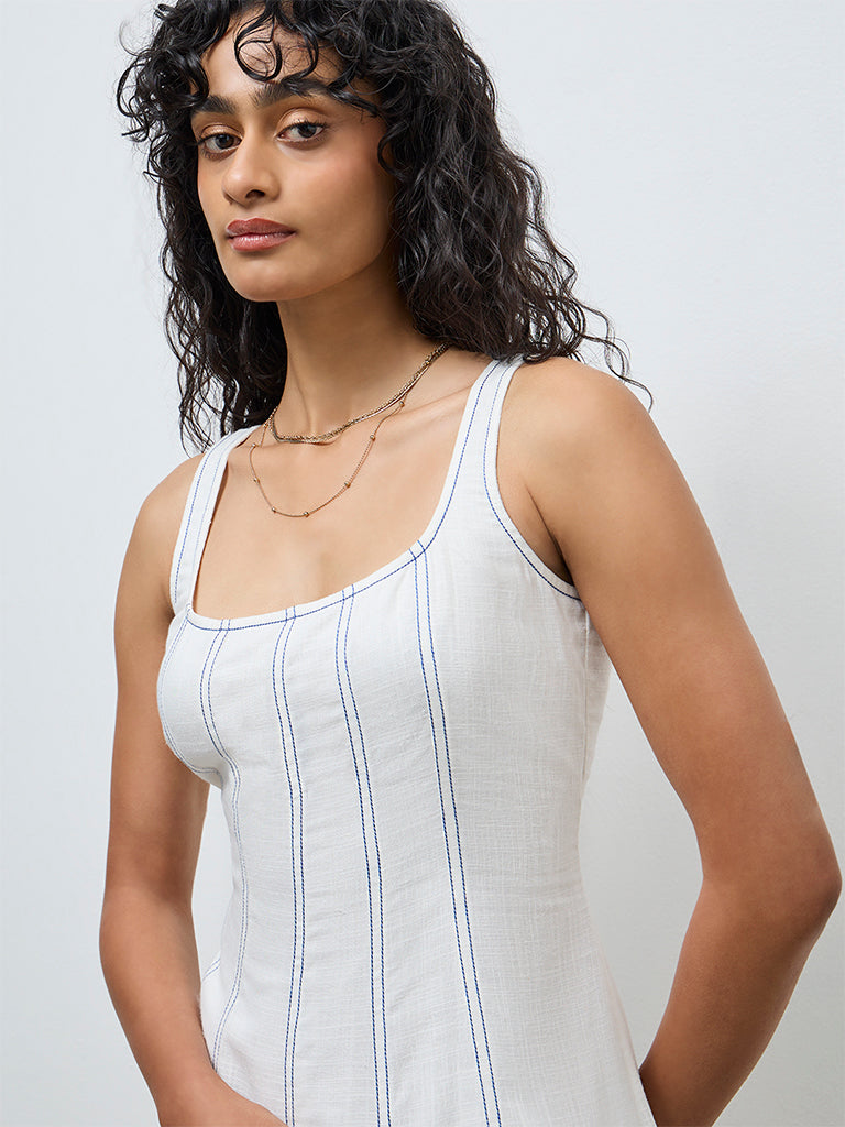 LOV Off-White Striped Linen-Blend A-Line Dress