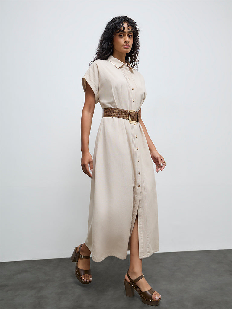 LOV Beige Pintuck Detailed Shirt Dress with Belt
