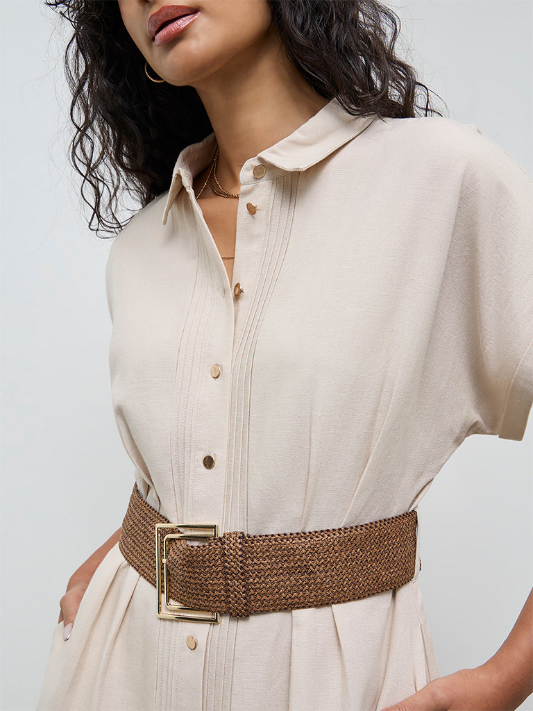 LOV Beige Pintuck Detailed Shirt Dress with Belt