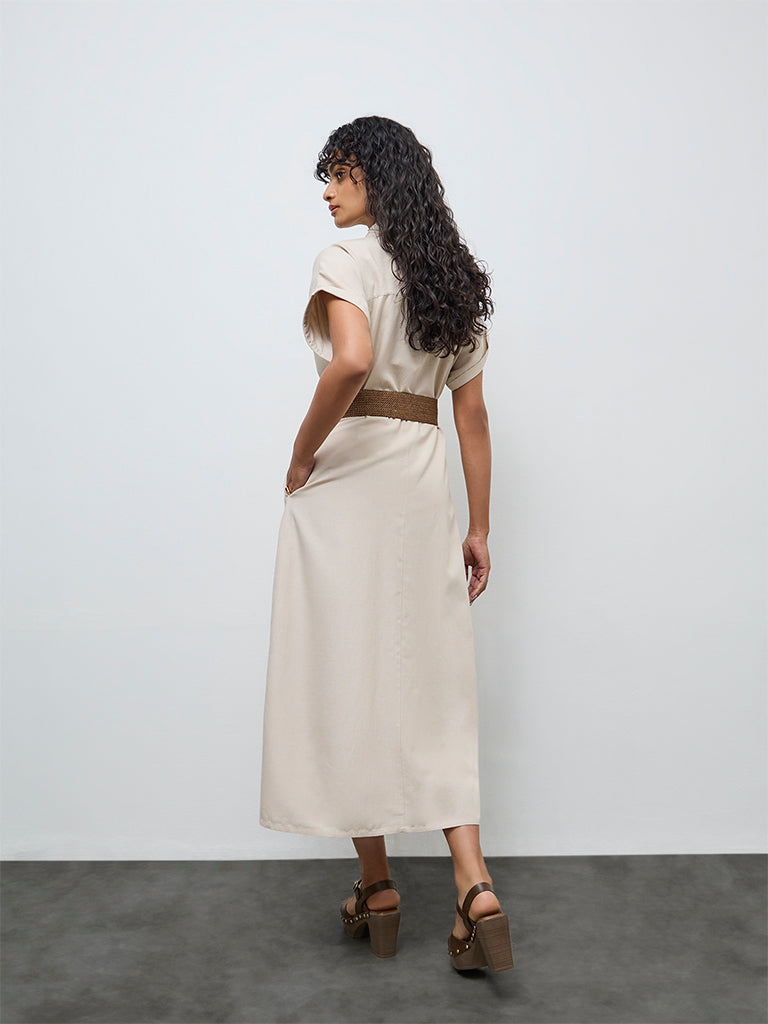 LOV Beige Pintuck Detailed Shirt Dress with Belt