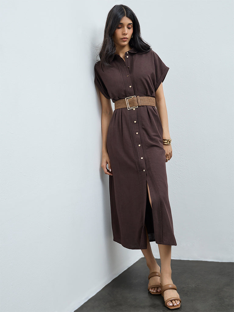LOV Brown Pintuck Detailed Shirt Dress with Belt