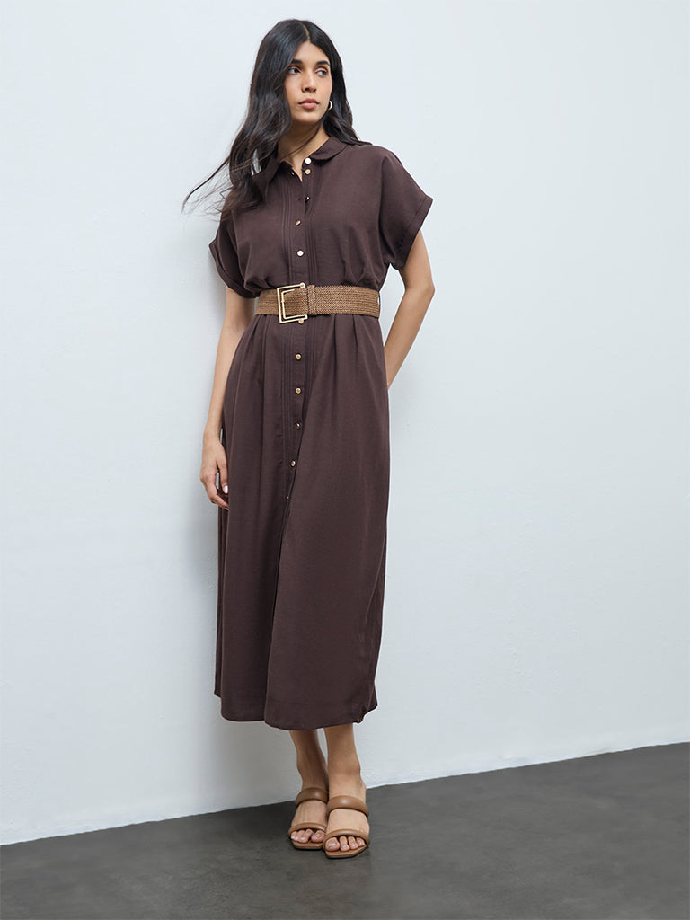 LOV Brown Pintuck Detailed Shirt Dress with Belt