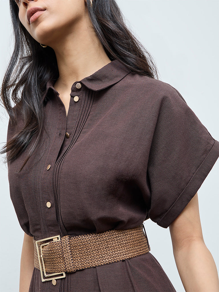 LOV Brown Pintuck Detailed Shirt Dress with Belt